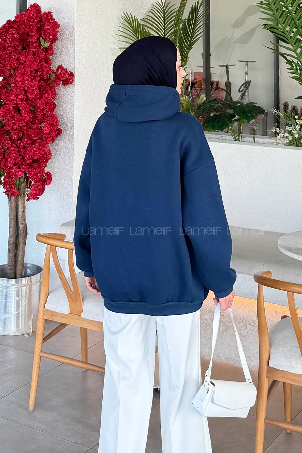 Lamelif Üç İplik Kanguru Cep Sweatshirt İndigo