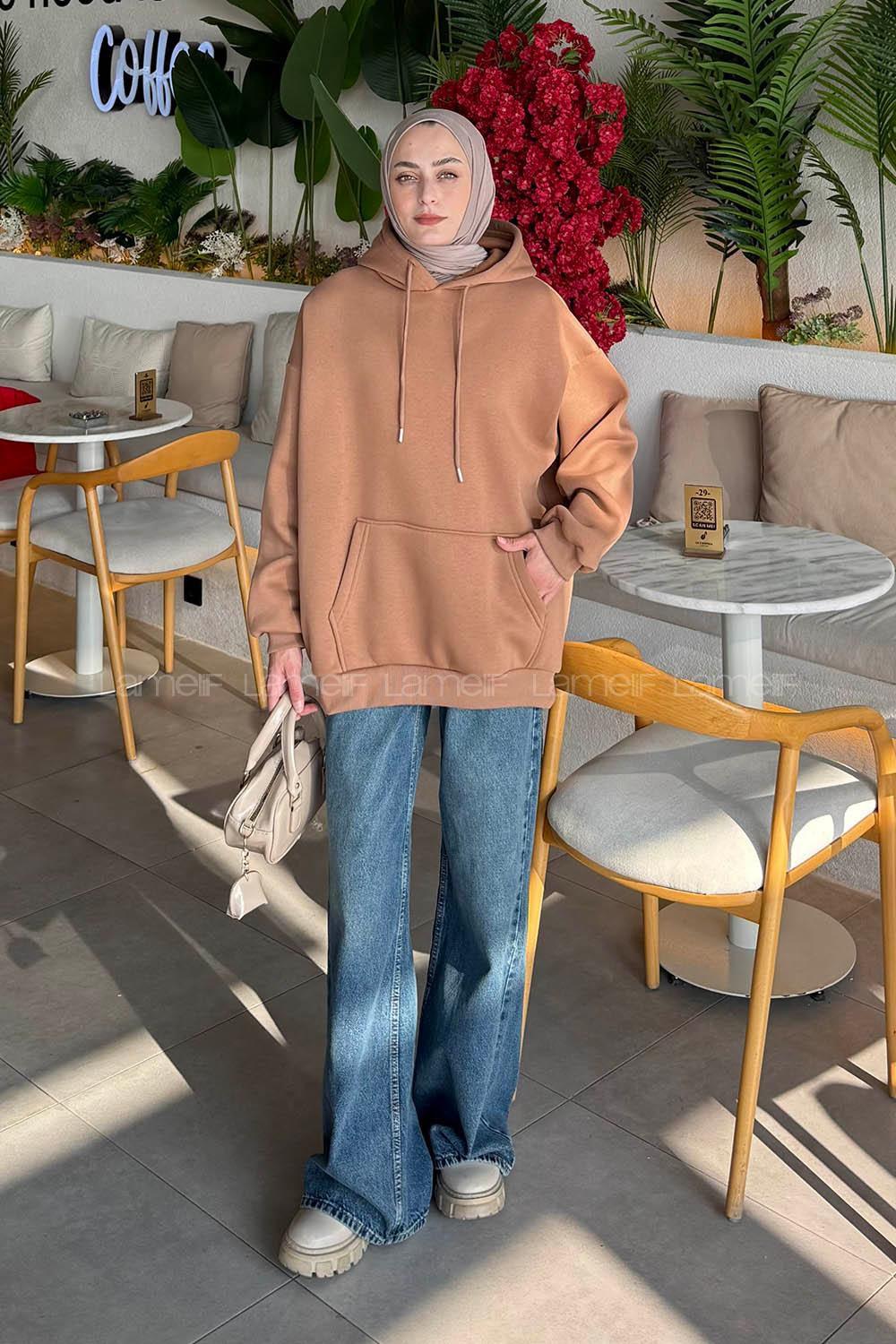 Lamelif Üç İplik Kanguru Cep Sweatshirt Sütlü Kahve