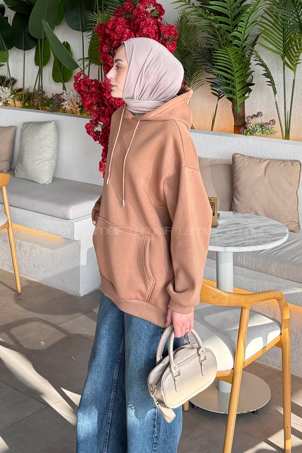 Lamelif Üç İplik Kanguru Cep Sweatshirt Sütlü Kahve