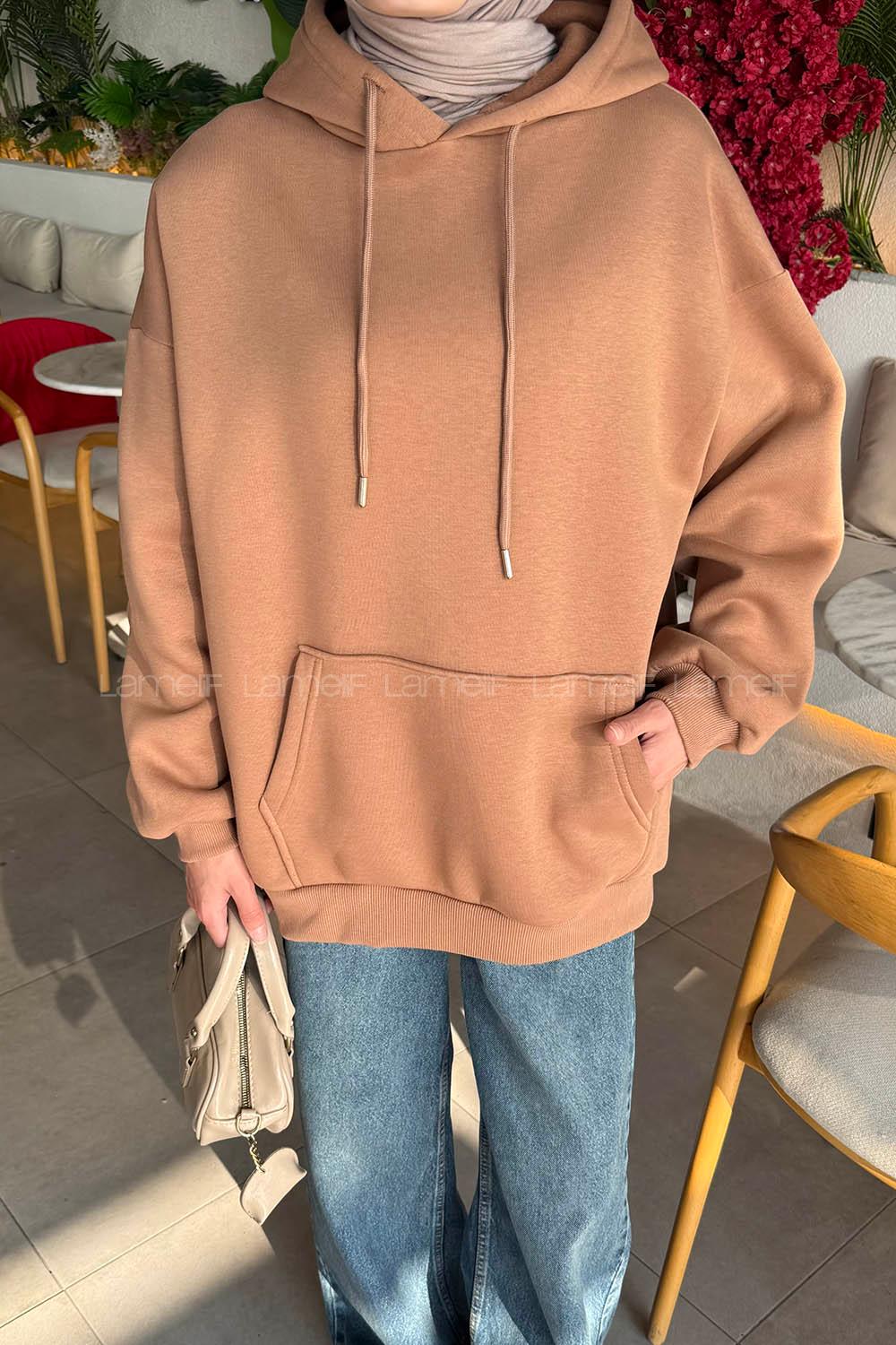 Lamelif Üç İplik Kanguru Cep Sweatshirt Sütlü Kahve