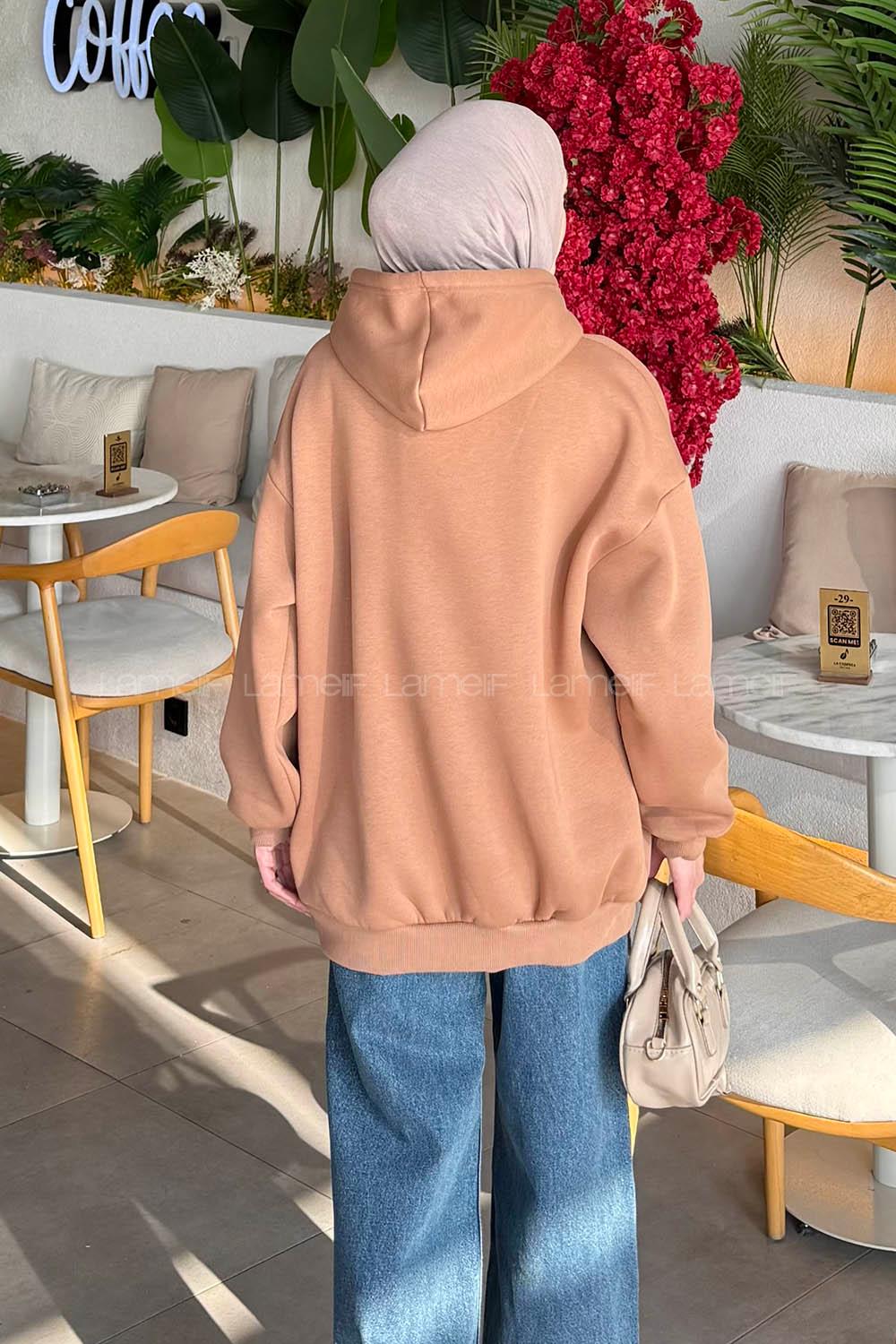 Lamelif Üç İplik Kanguru Cep Sweatshirt Sütlü Kahve