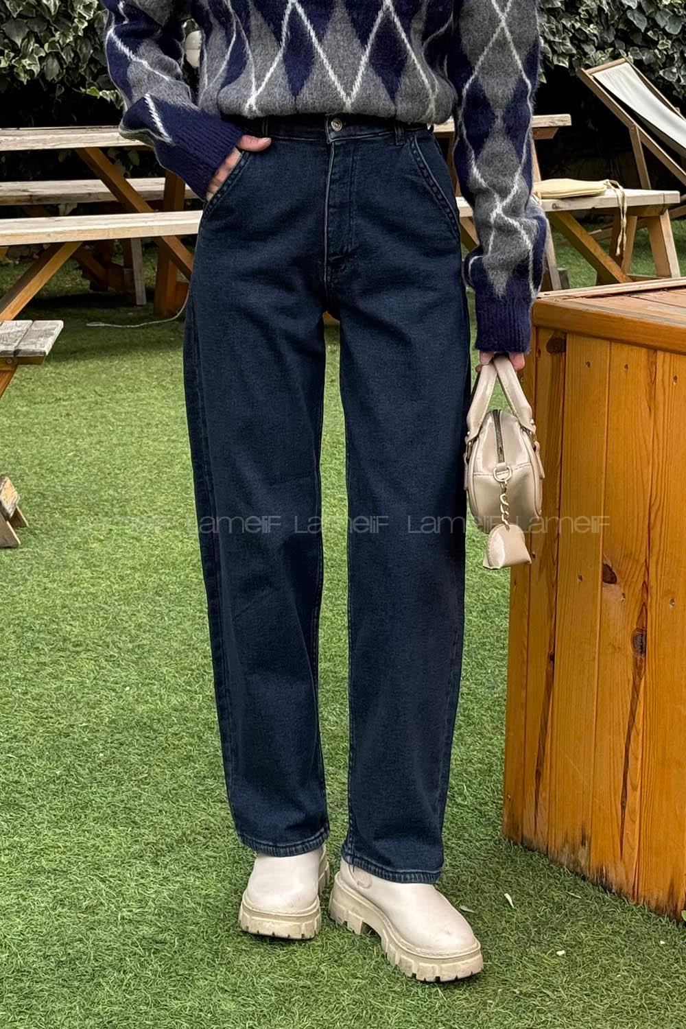 Lamelif Yan Cep Detaylı Boyfriend Pantolon Koyu Mavi