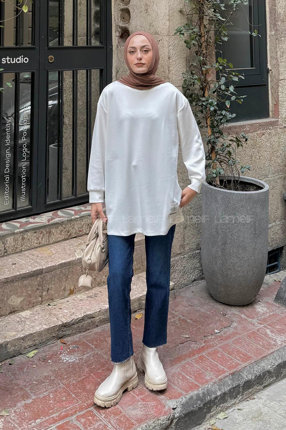 Lamelif Armalı Tesettür Sweat Beyaz