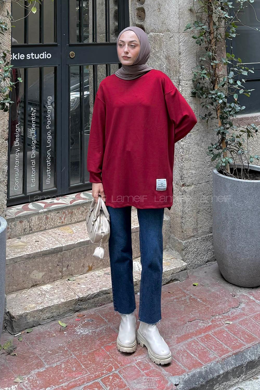 Lamelif Armalı Tesettür Sweat Bordo