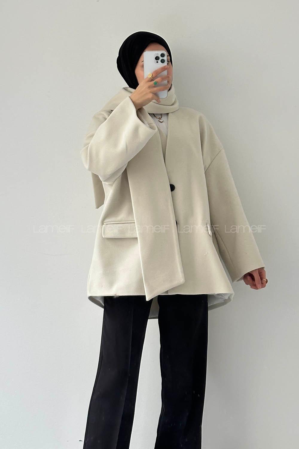 Cream V Neck Long Arm Coat