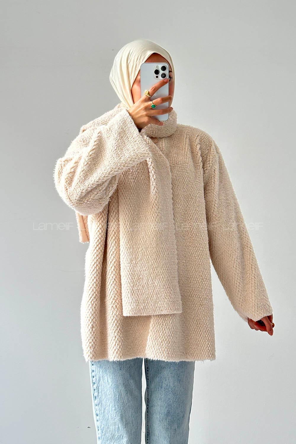 Lamelif Atkılı Peluş Mont Bej