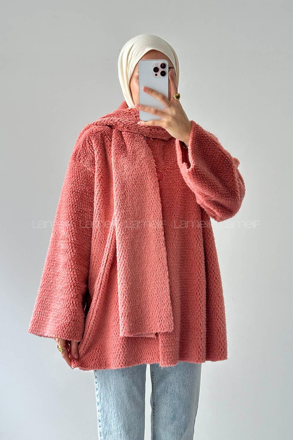 Lamelif Atkılı Peluş Mont Gül Rengi