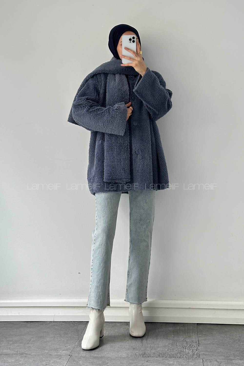 Lamelif Atkılı Peluş Mont Kot Mavisi