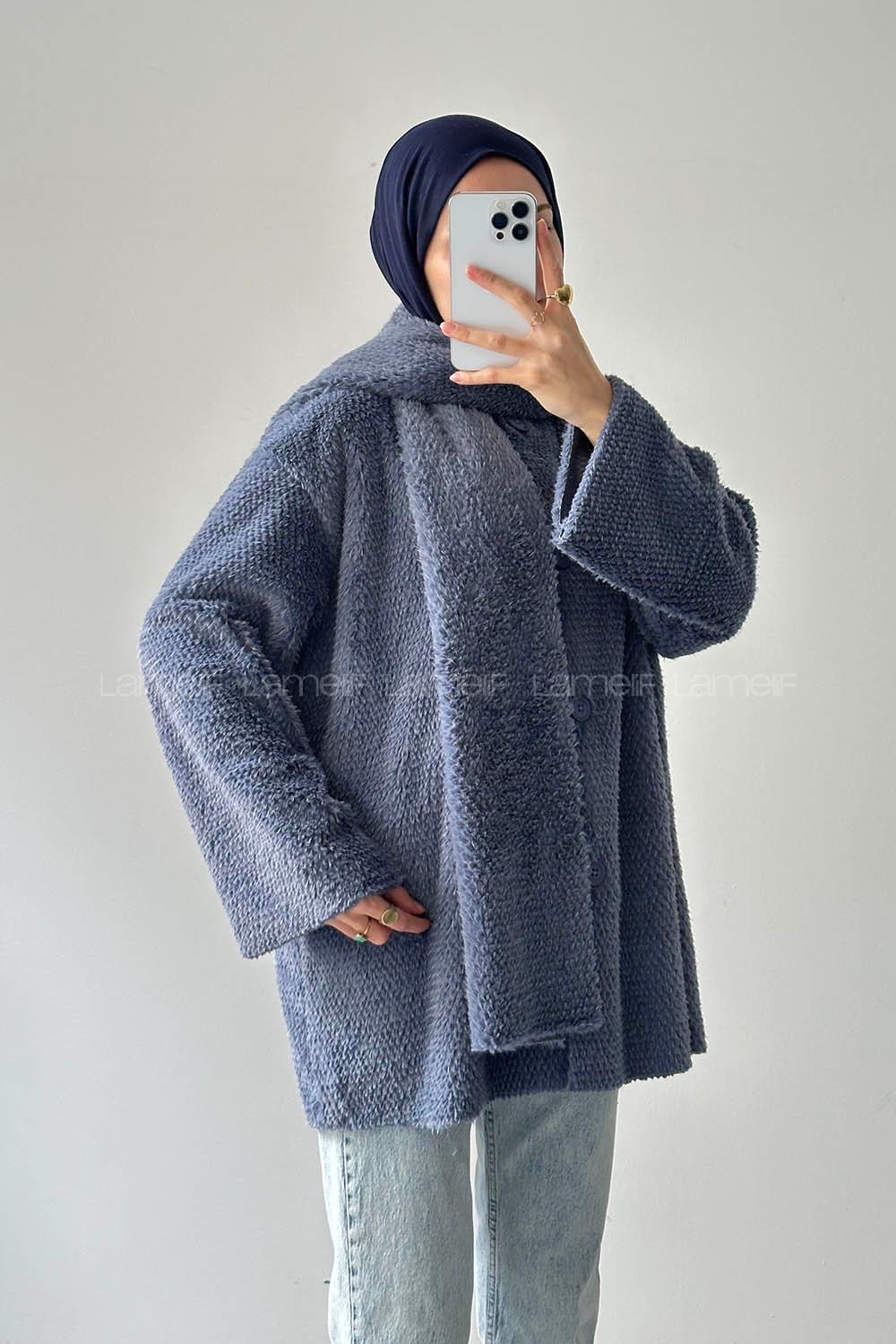 Lamelif Atkılı Peluş Mont Kot Mavisi
