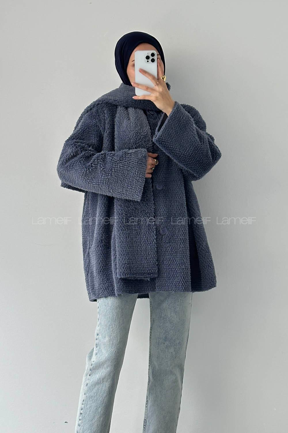 Lamelif Atkılı Peluş Mont Kot Mavisi