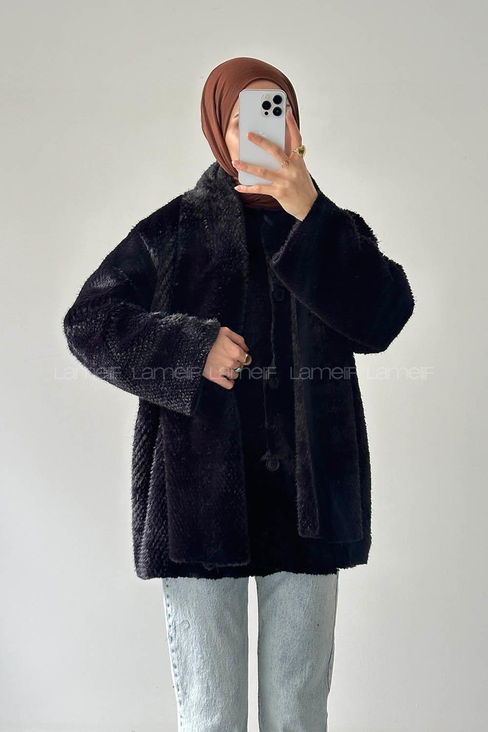 Lamelif Atkılı Peluş Mont Siyah
