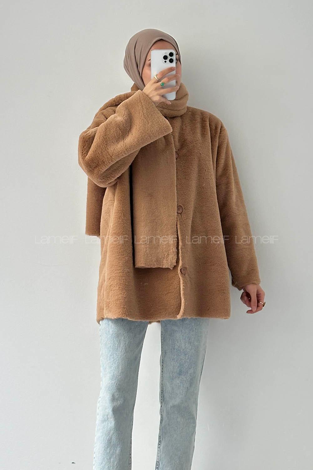 Lamelif Atkılı Peluş Mont Sütlü Kahve