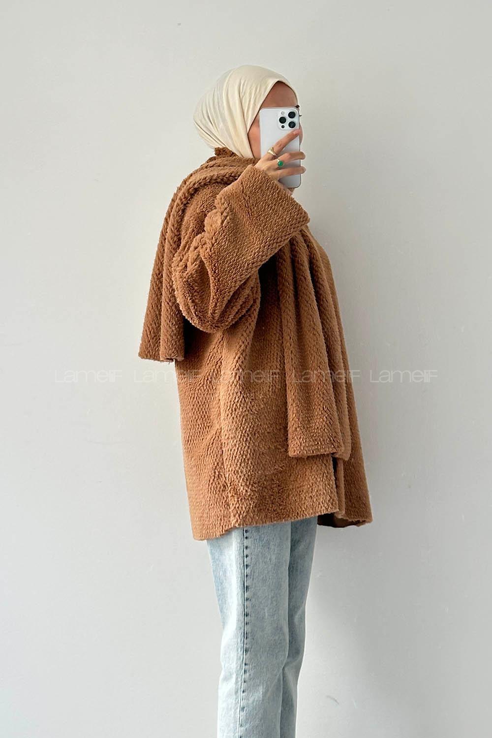 Lamelif Atkılı Peluş Mont Sütlü Kahve