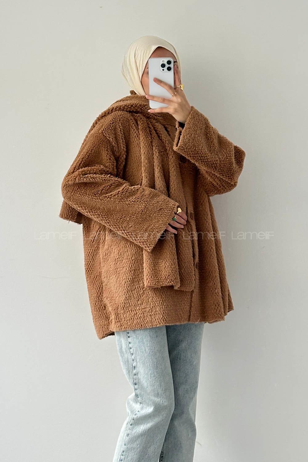 Lamelif Atkılı Peluş Mont Sütlü Kahve