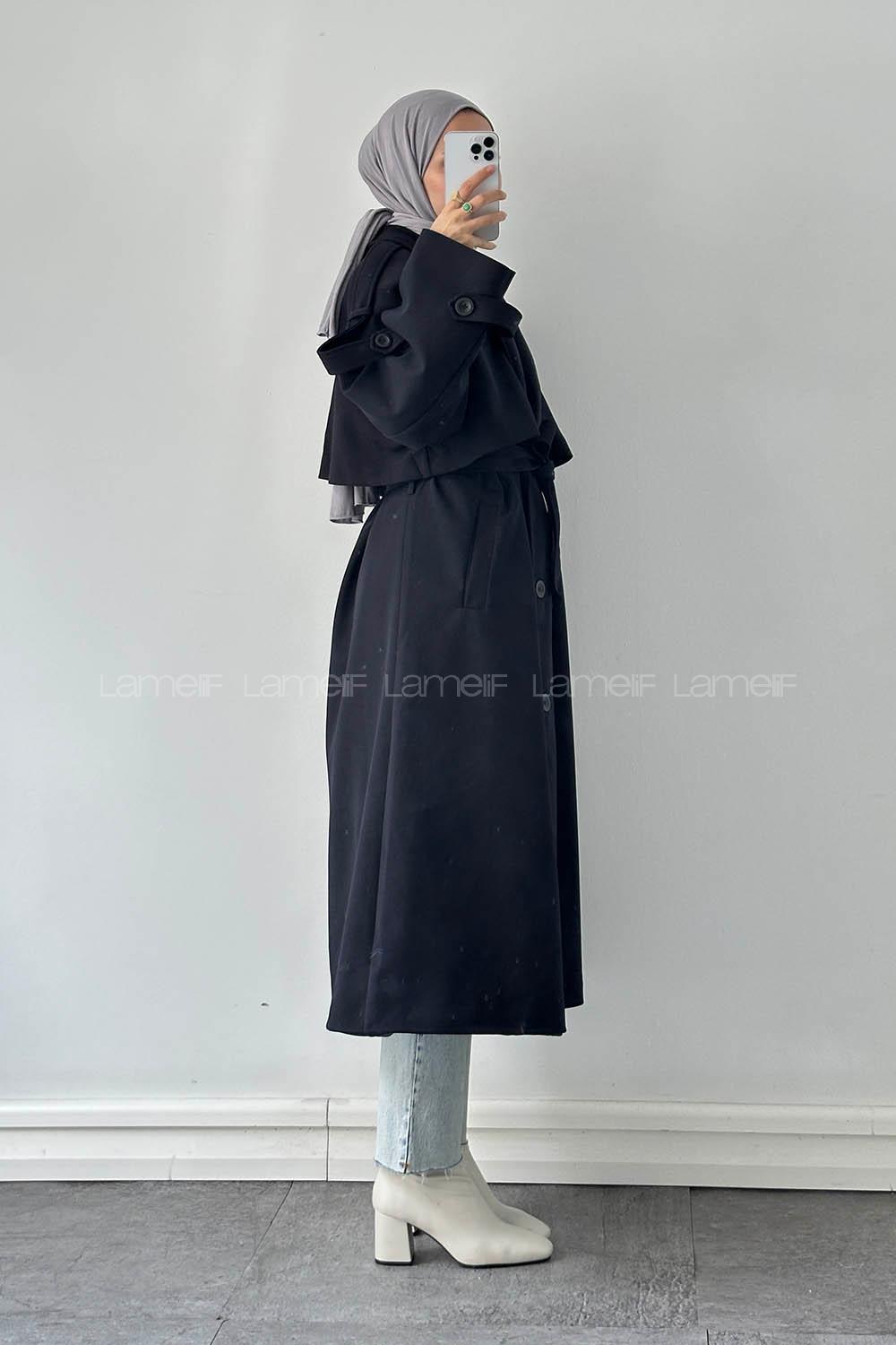 Lamelif Bağlama Detaylı Trençkot Lacivert