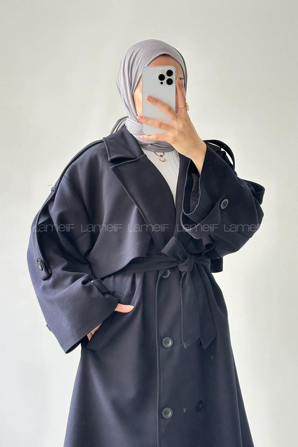 Lamelif Bağlama Detaylı Trençkot Lacivert