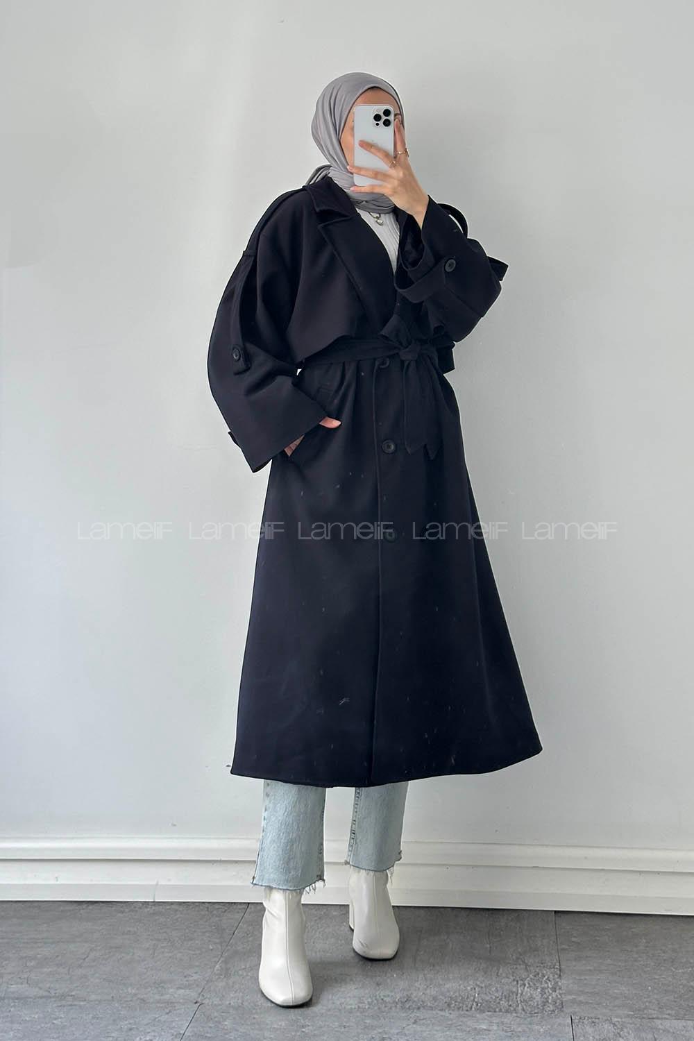 Lamelif Bağlama Detaylı Trençkot Lacivert