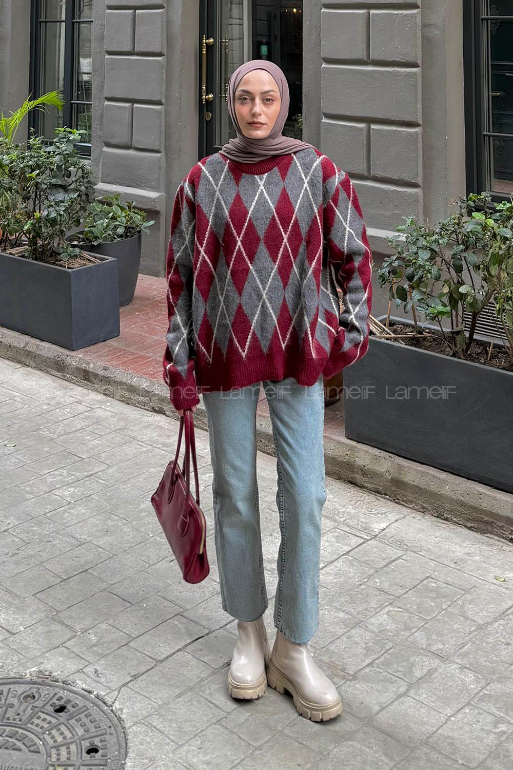 Lamelif Baklava Desen Şardonlu Kazak Bordo