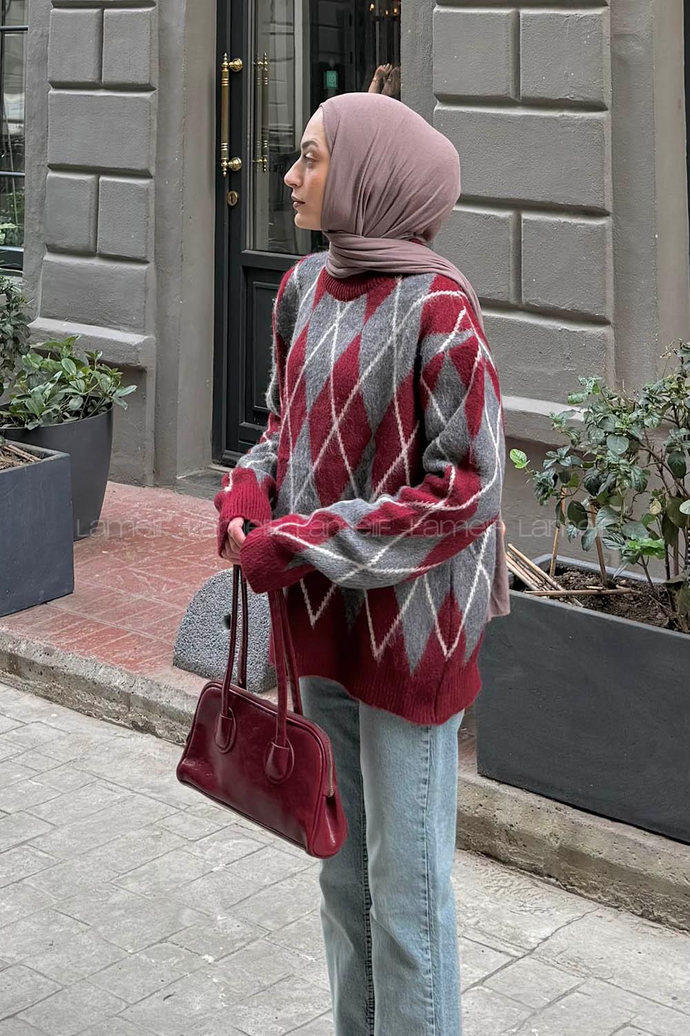 Lamelif Baklava Desen Şardonlu Kazak Bordo