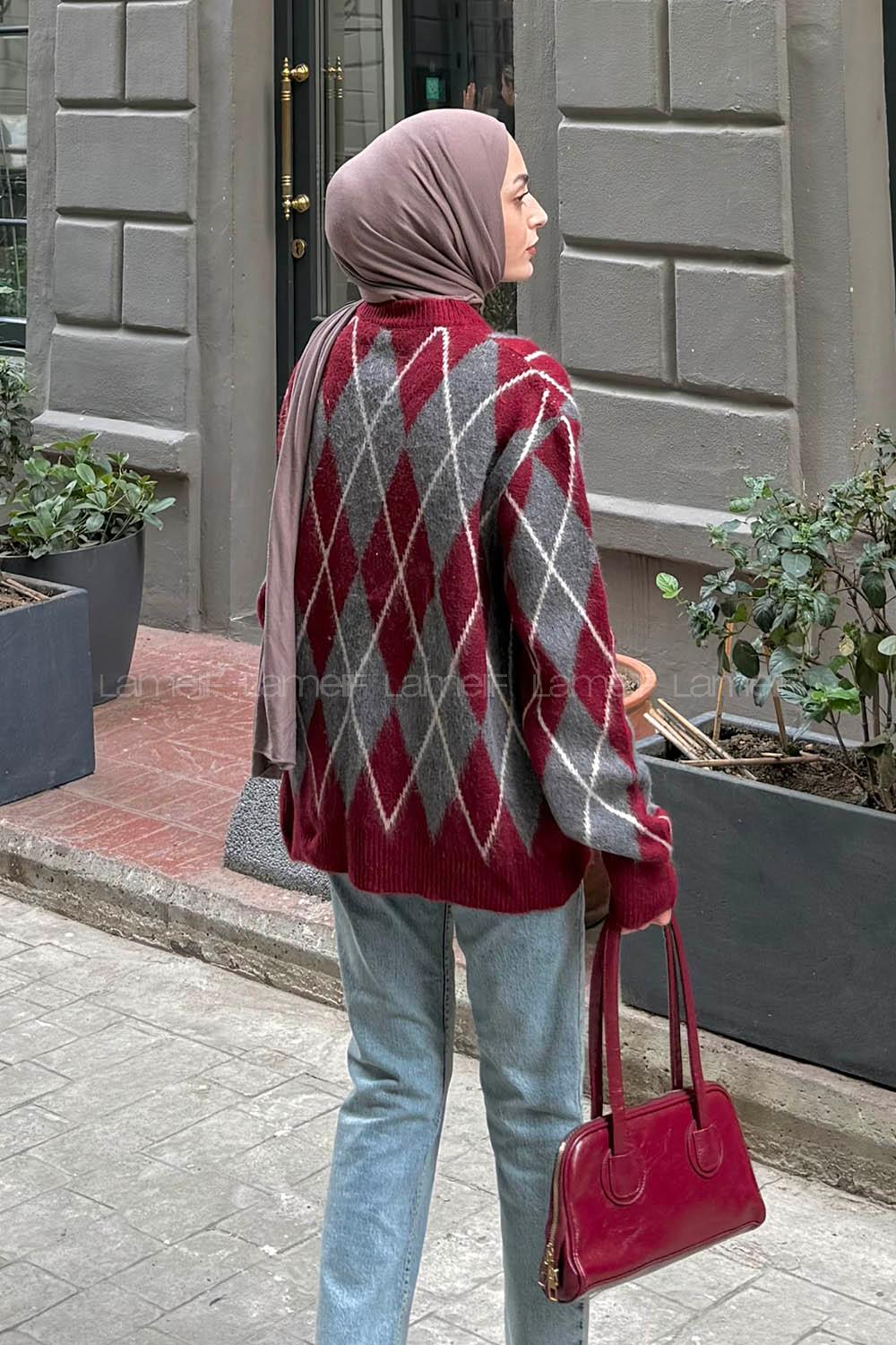 Lamelif Baklava Desen Şardonlu Kazak Bordo