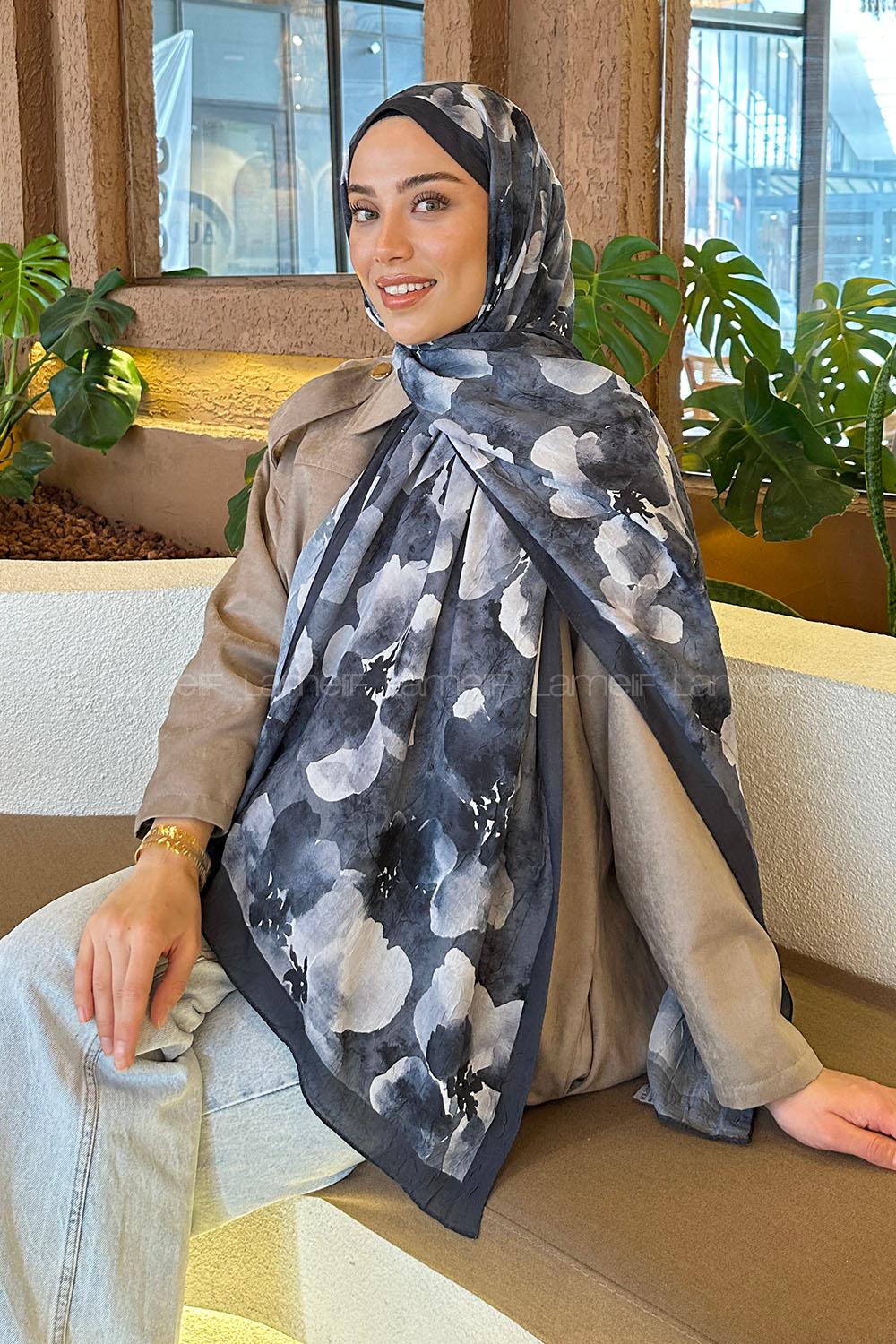 Lamelif Batik Çiçek Desen Bambu Şal Antrasit