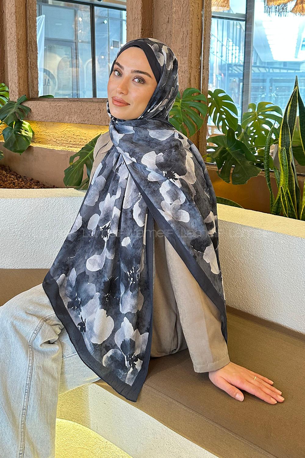 Lamelif Batik Çiçek Desen Bambu Şal Antrasit