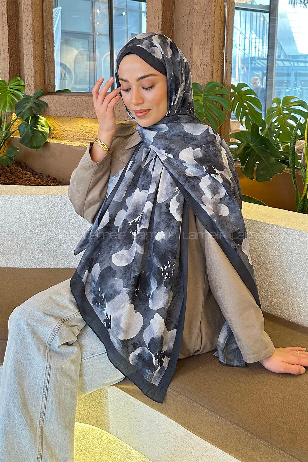 Lamelif Batik Çiçek Desen Bambu Şal Antrasit