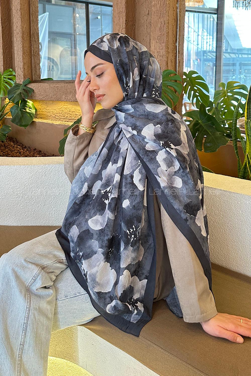 Lamelif Batik Çiçek Desen Bambu Şal Antrasit