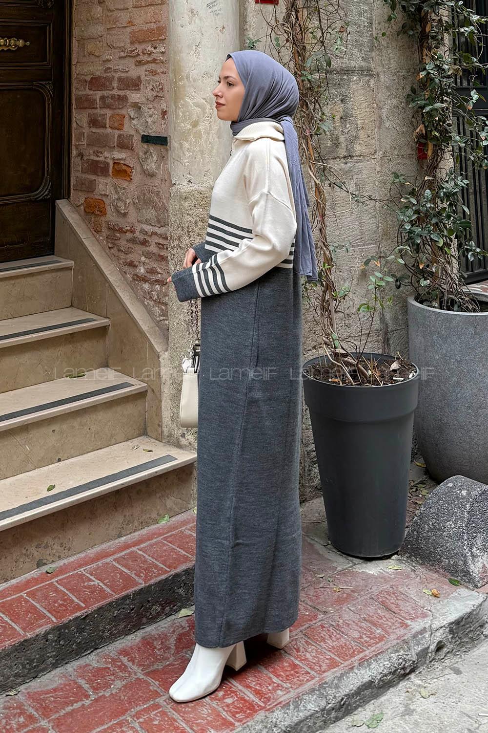 Lamelif Boğazlı Çizgi Detaylı Triko Elbise Antrasit