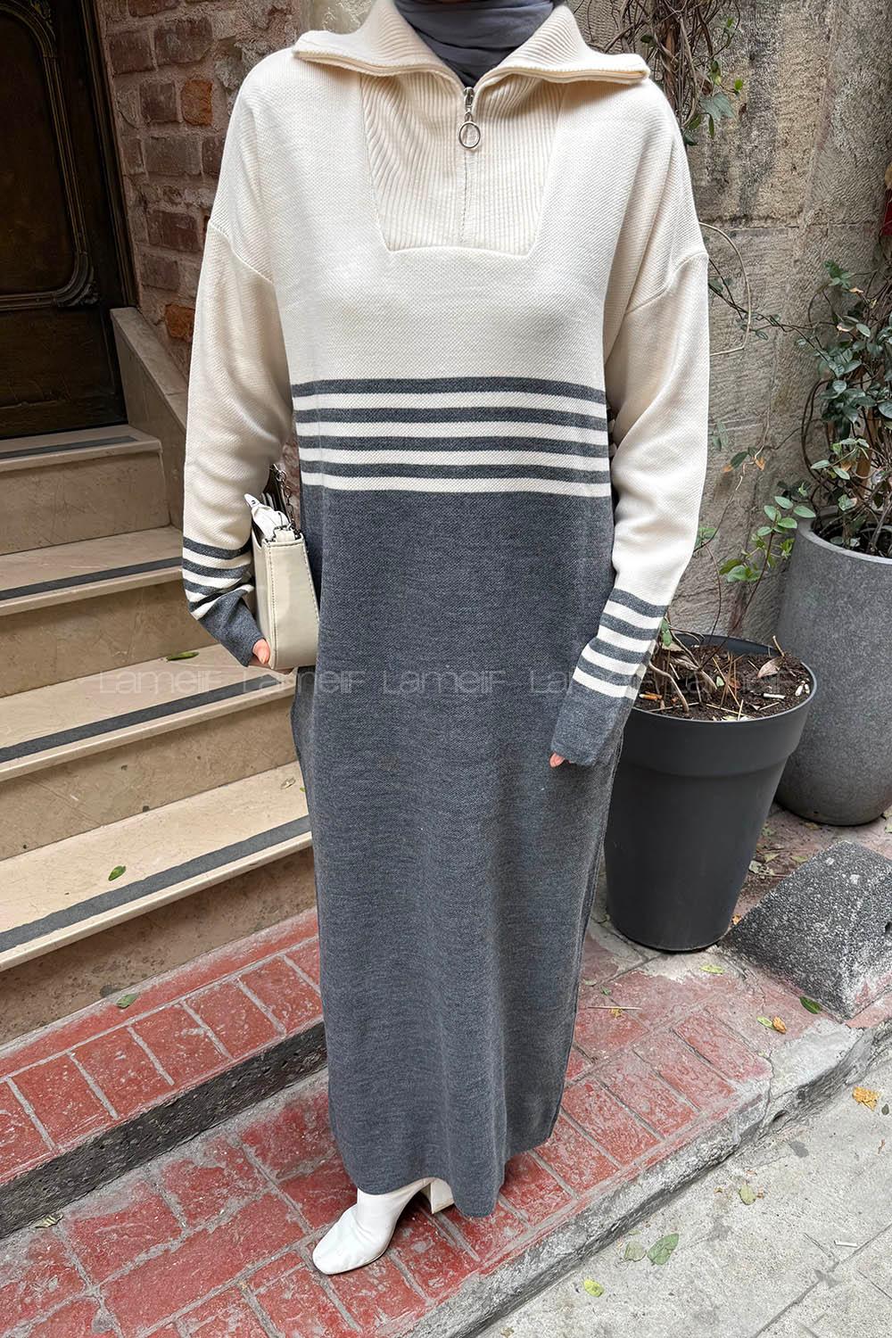 Lamelif Boğazlı Çizgi Detaylı Triko Elbise Antrasit