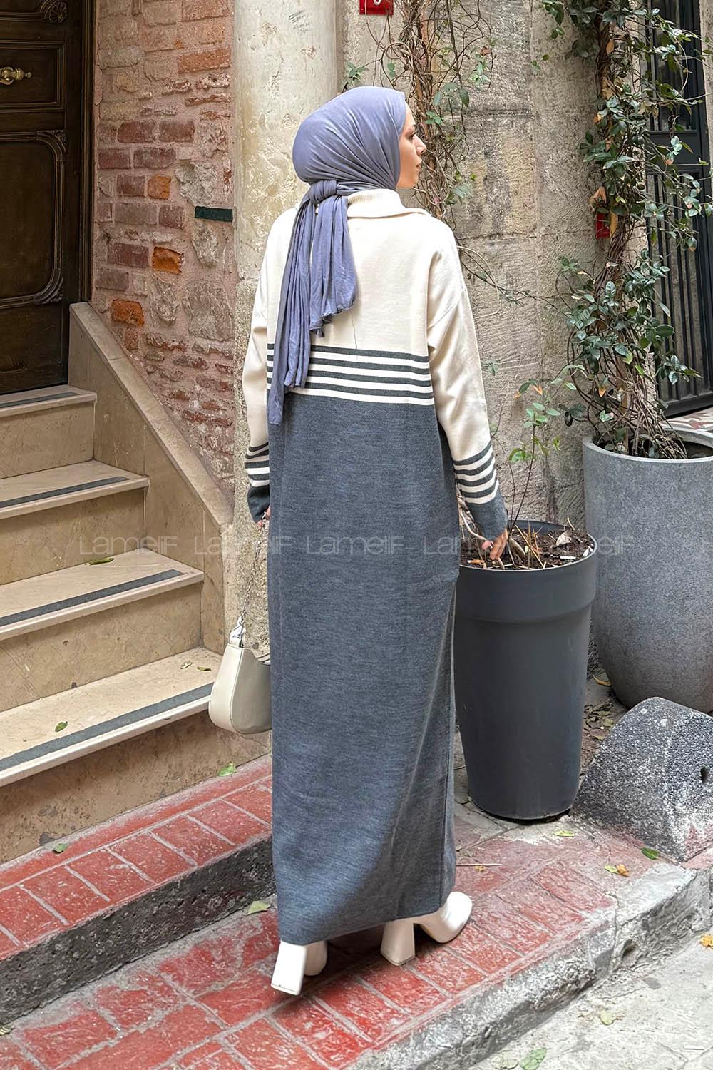 Lamelif Boğazlı Çizgi Detaylı Triko Elbise Antrasit