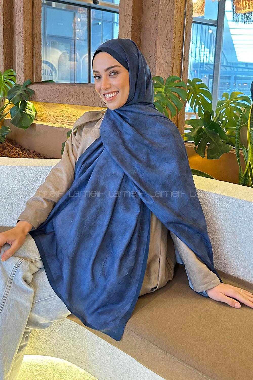 Lamelif Bulut Desen Bambu Şal Gece Mavisi