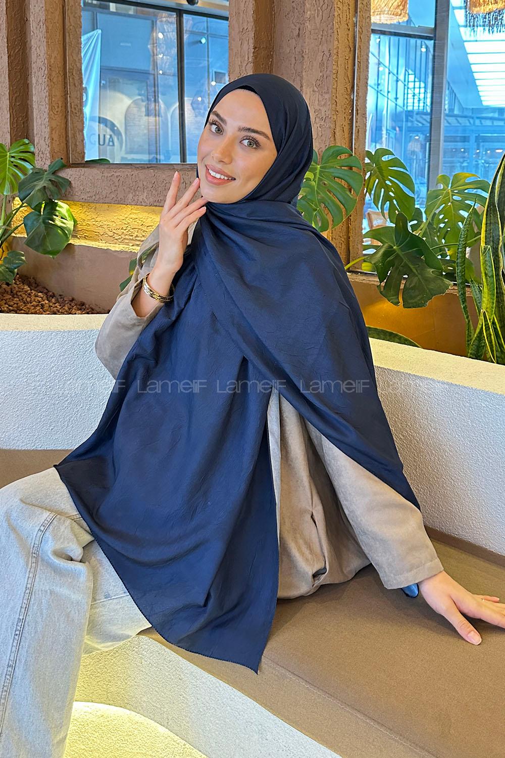 Lamelif Bulut Desen Bambu Şal Lacivert