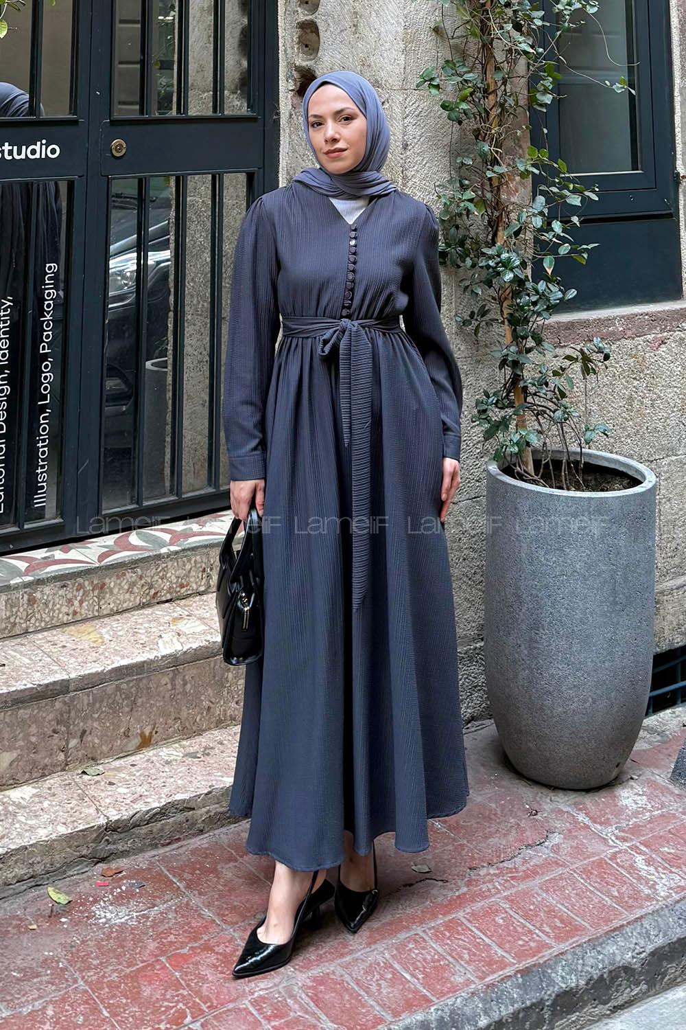 Lamelif Düğme Detaylı Tesettür Elbise Antrasit