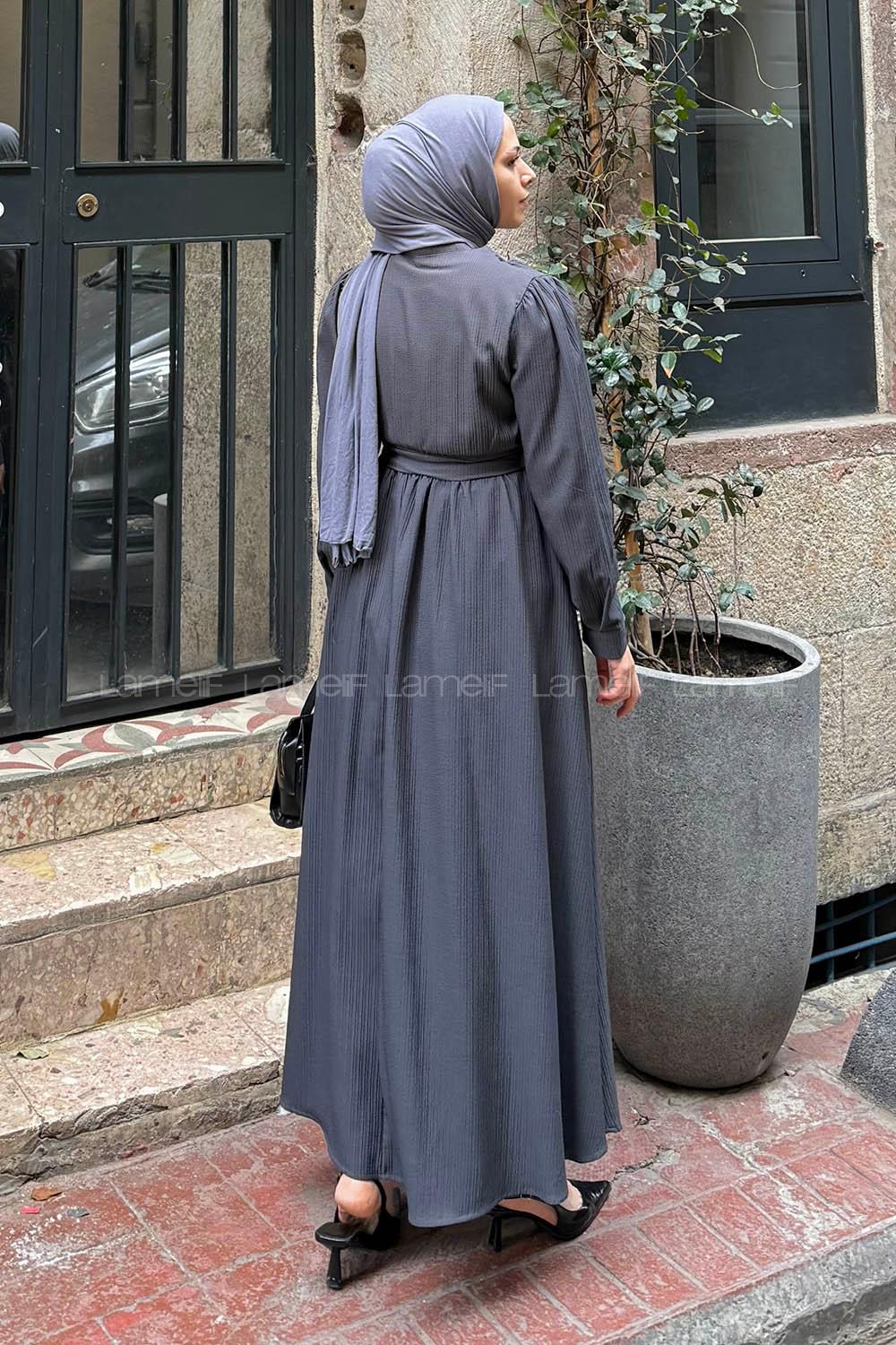 Lamelif Düğme Detaylı Tesettür Elbise Antrasit