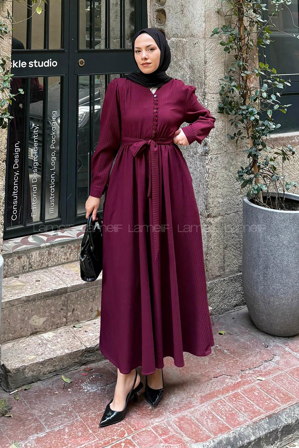 Lamelif Düğme Detaylı Tesettür Elbise Bordo