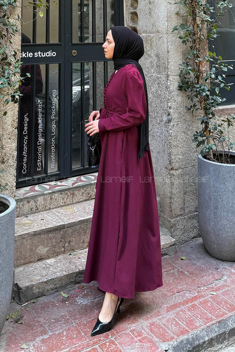 Lamelif Düğme Detaylı Tesettür Elbise Bordo