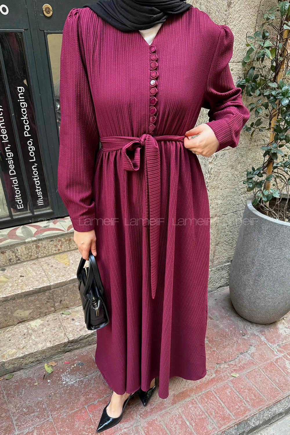 Lamelif Düğme Detaylı Tesettür Elbise Bordo