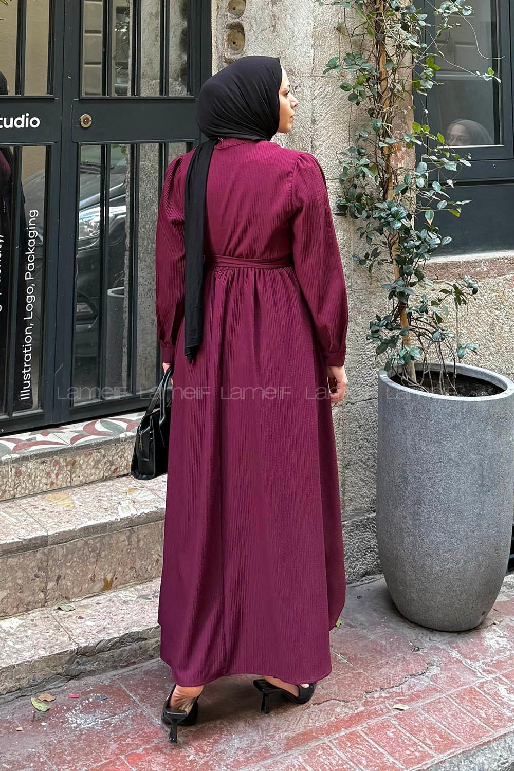 Lamelif Düğme Detaylı Tesettür Elbise Bordo