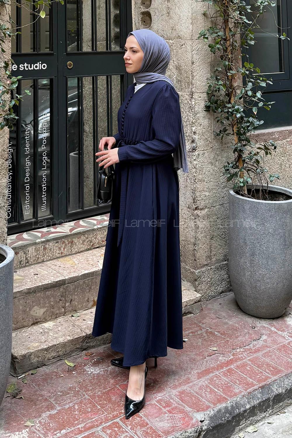 Lamelif Düğme Detaylı Tesettür Elbise Lacivert