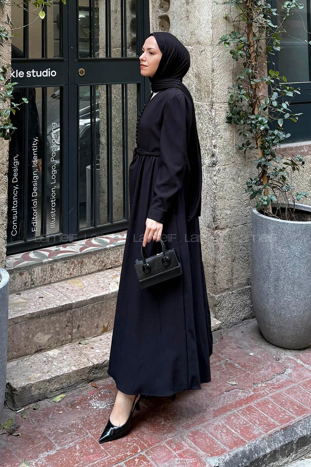 Lamelif Düğme Detaylı Tesettür Elbise Siyah