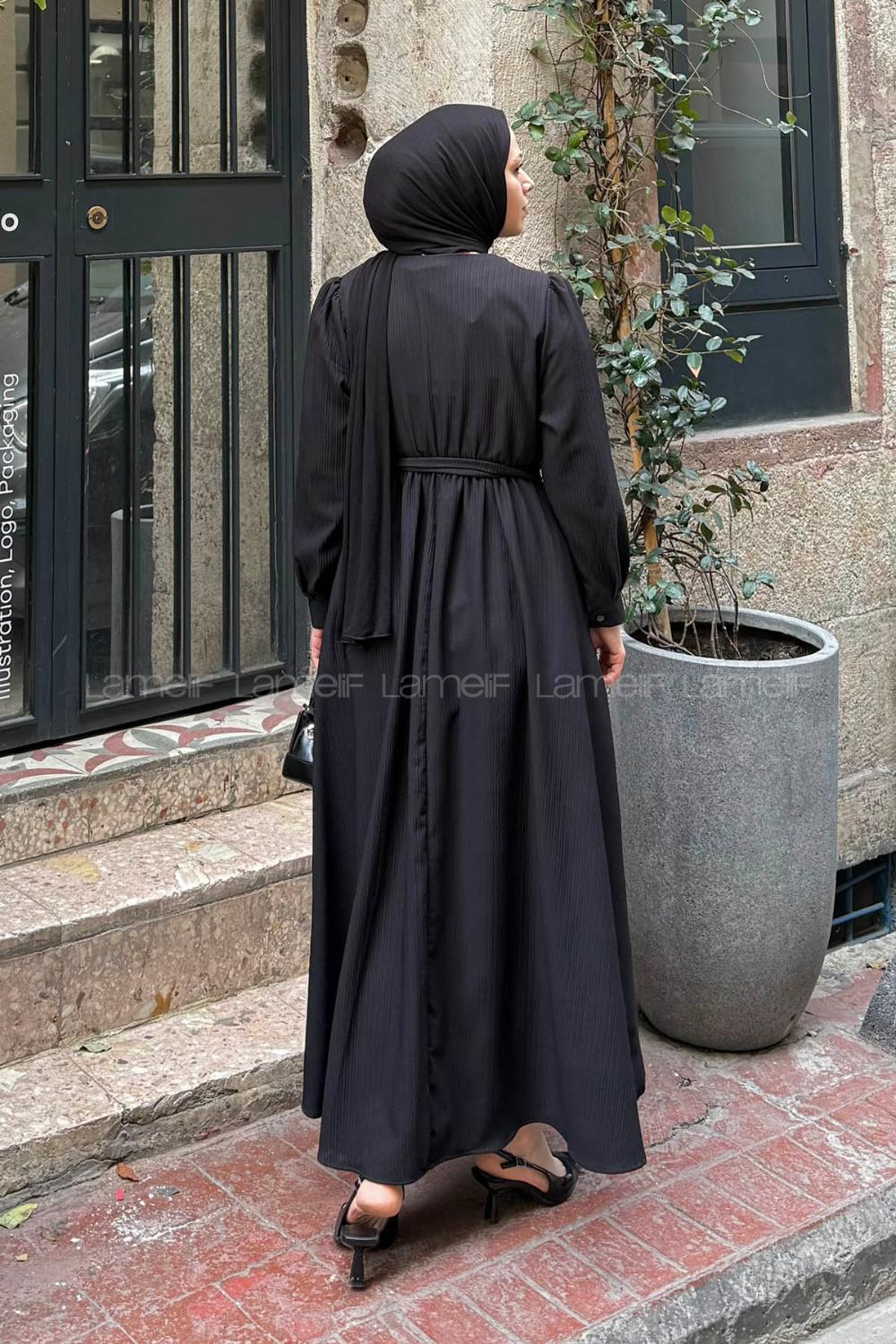 Lamelif Düğme Detaylı Tesettür Elbise Siyah