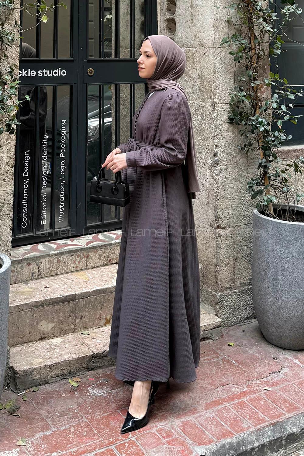 Lamelif Düğme Detaylı Tesettür Elbise Vizonrengi
