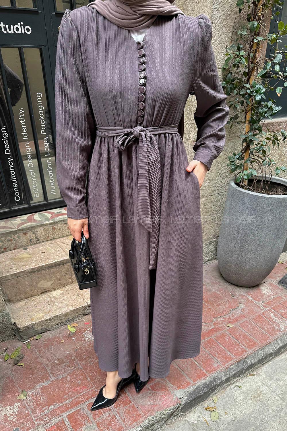 Lamelif Düğme Detaylı Tesettür Elbise Vizonrengi