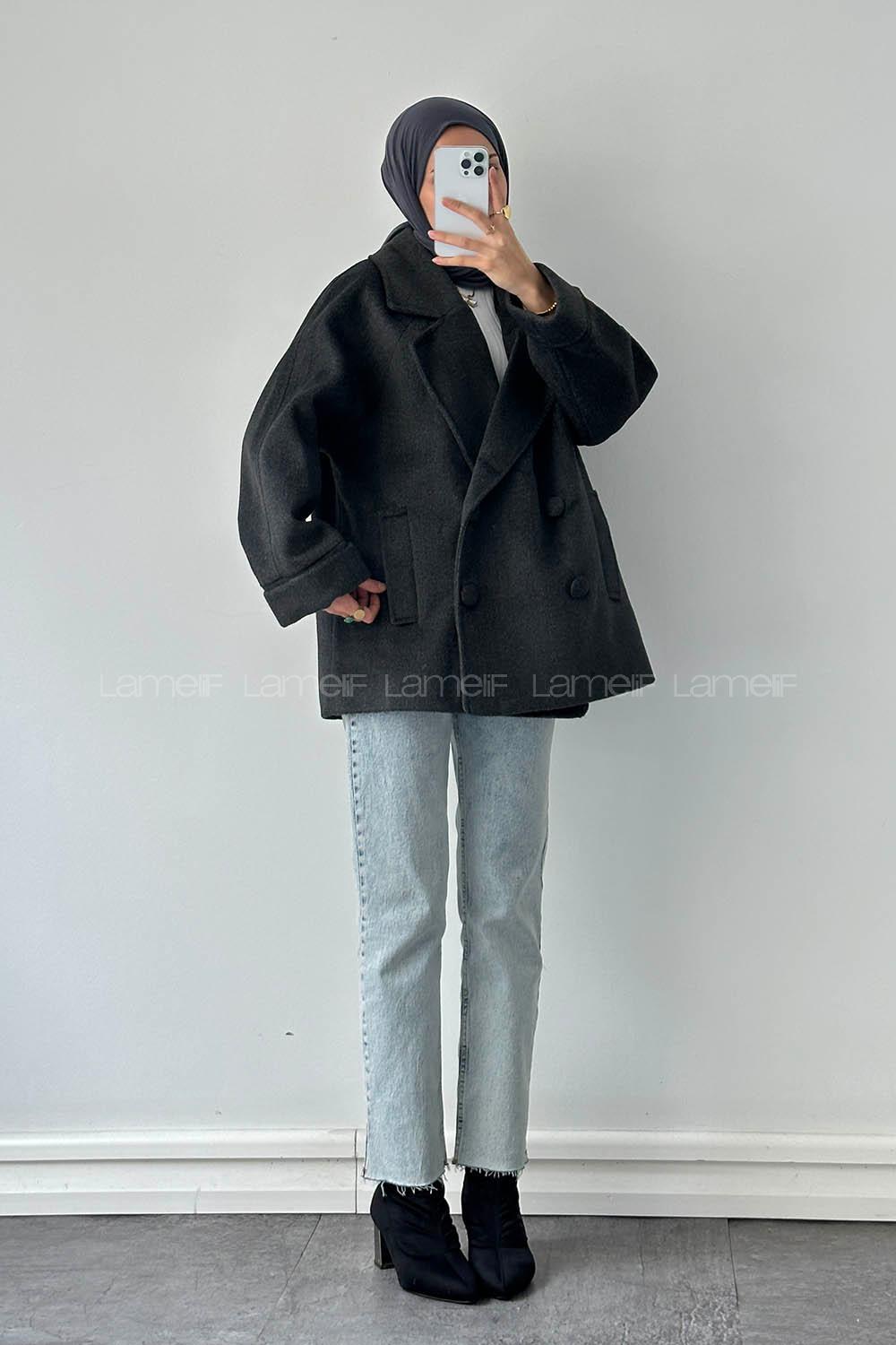 Lamelif Düğmeli Kruvaze Kaban Antrasit