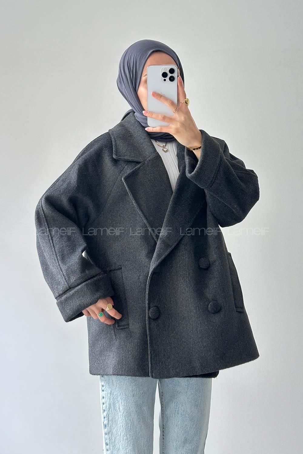 Lamelif Düğmeli Kruvaze Kaban Antrasit