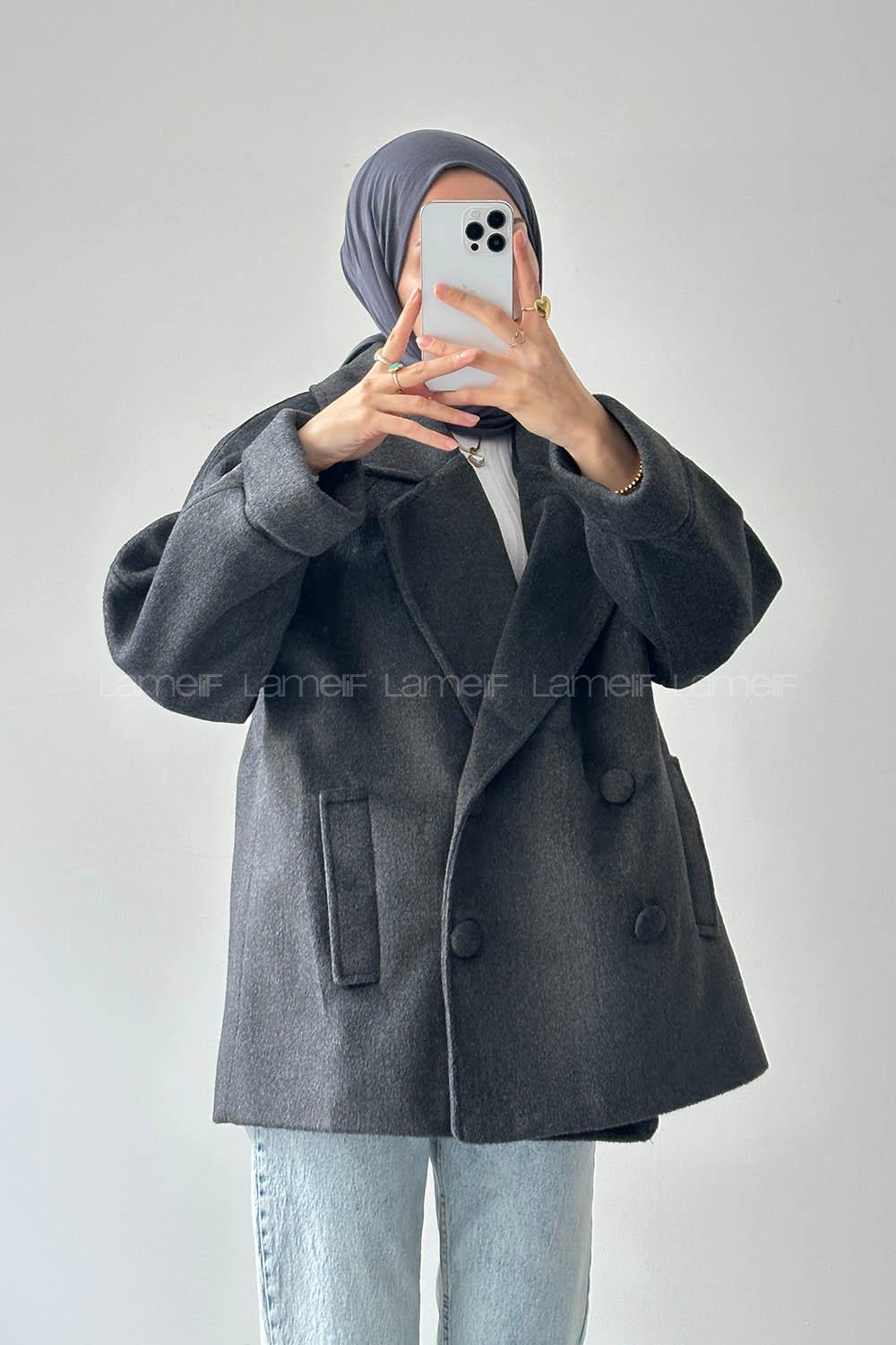 Lamelif Düğmeli Kruvaze Kaban Antrasit