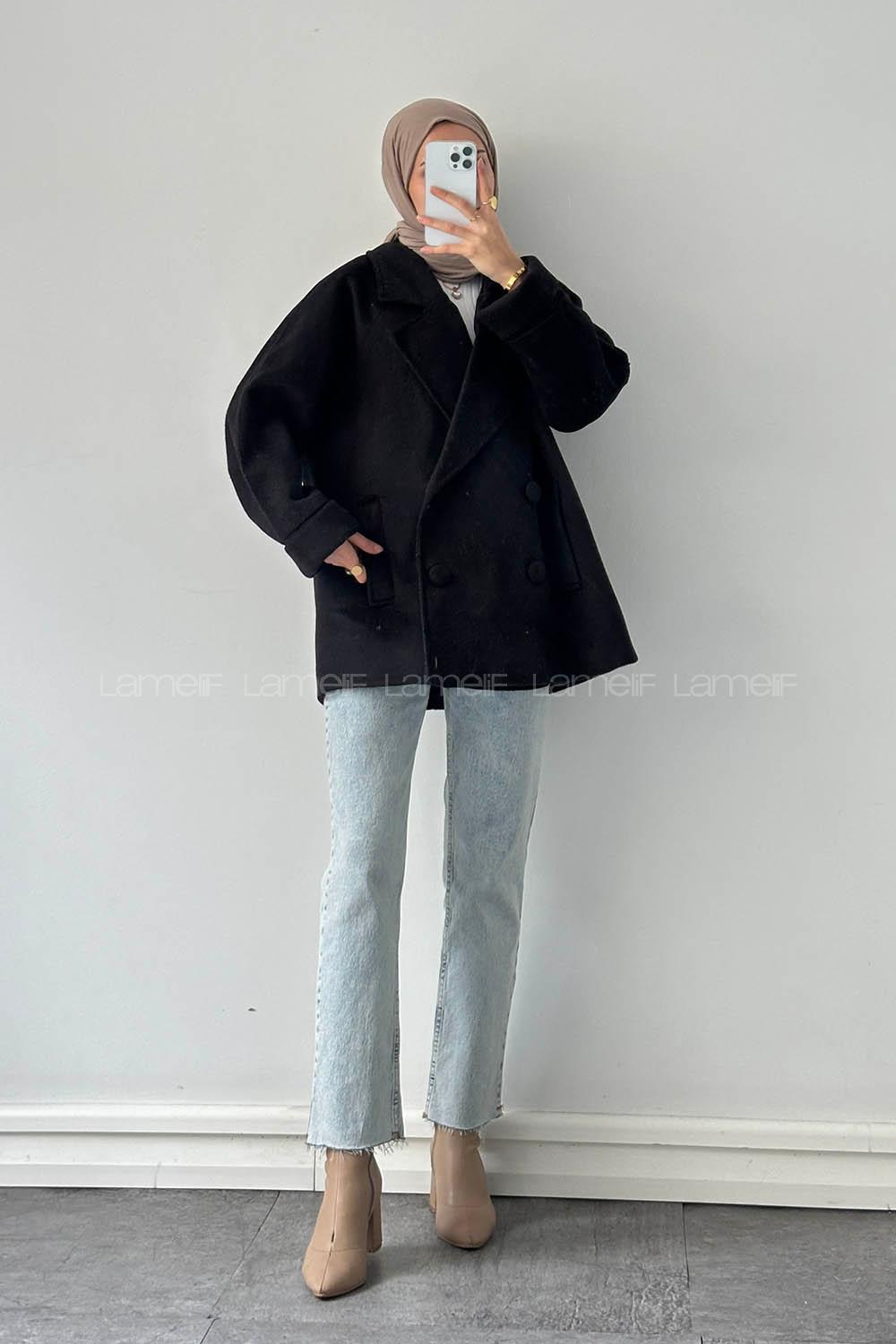 Lamelif Düğmeli Kruvaze Kaban Siyah