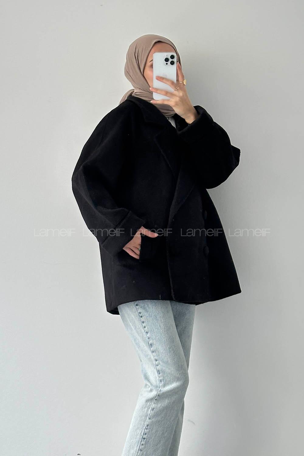 Lamelif Düğmeli Kruvaze Kaban Siyah