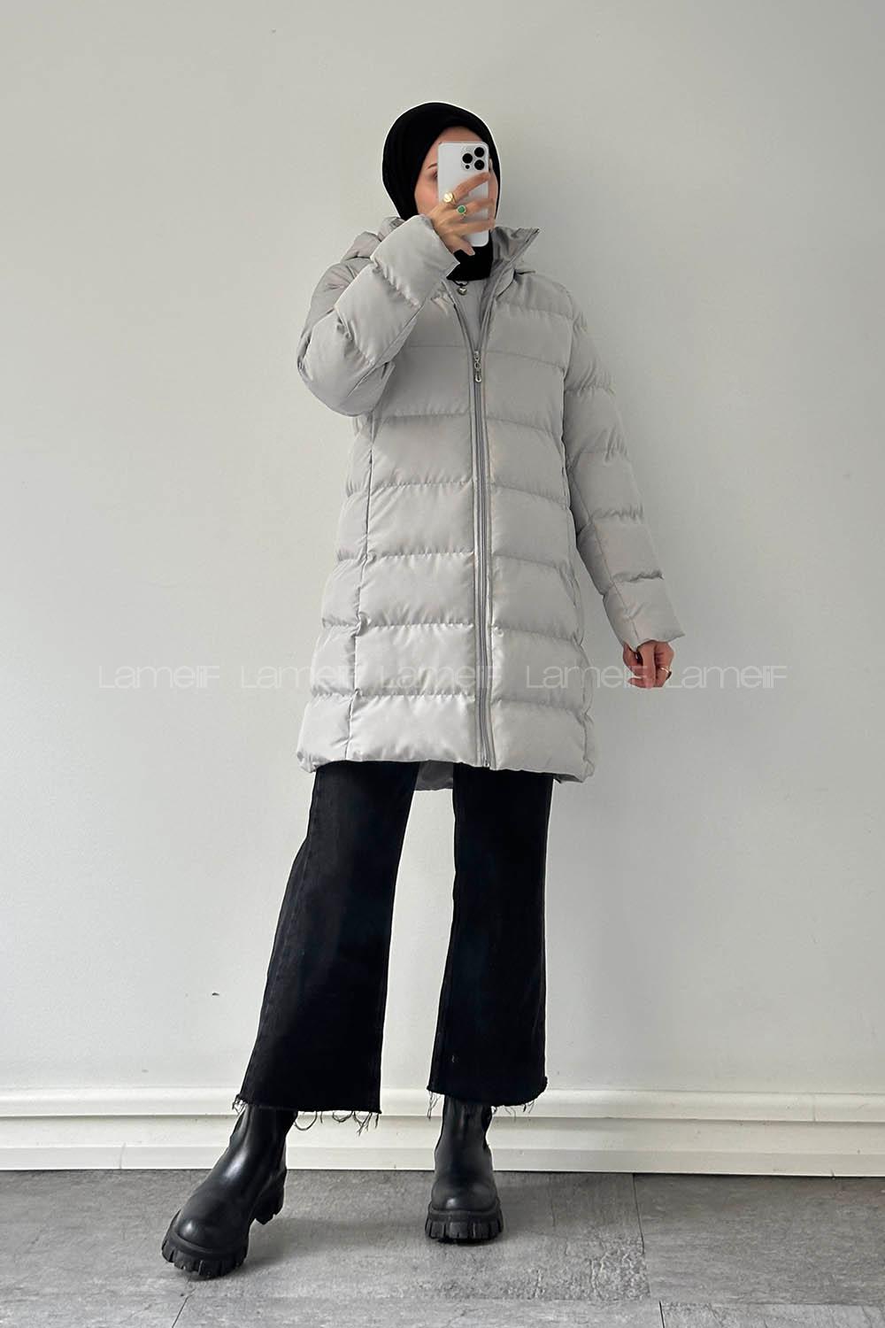 Lamelif Fermuarlı Şişme Mont Gri